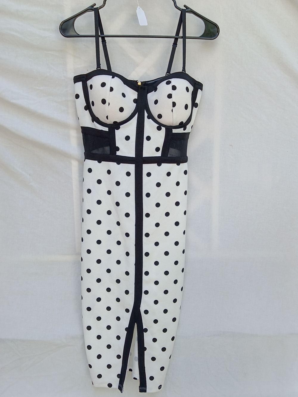 Material Girl White & Black Polka Dot Bustier Midi Dress Mesh Cut Out Y2k Grunge